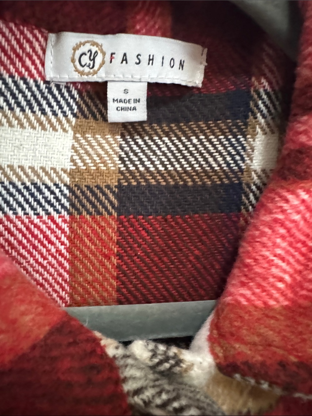 Plaid Button-Up Shacket in Red, Cream & Tan - Picture 3 of 7